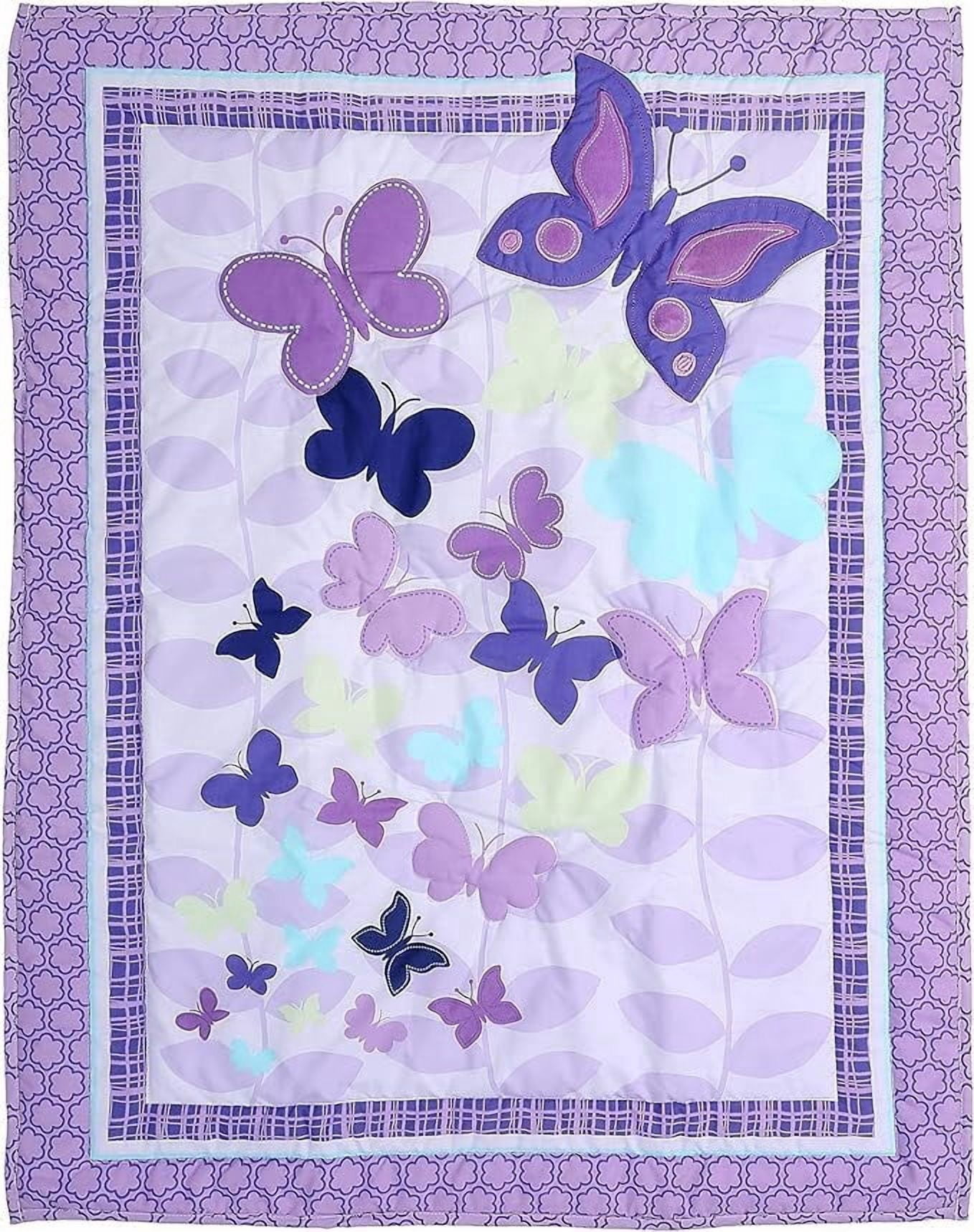 Sweet Baba  Cotton Butterfly Purple Crib Bedding Set for Baby Girls, 4 PC Nursery Set with Comforter/Skirt/Crib Sheet/Blanket