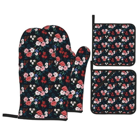 

Oven Mitts and Pot Holders Sets 4 pcs - Blue Pink Red Rose Flowers Heat Resistant Silicone Oven Gloves with Non-Slip Silicone Surface and hot pads for kitchen Baking Cooking BBQ