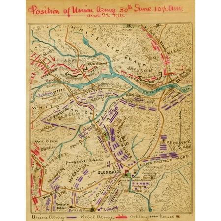 Position Union and Rebel armies 2 pm 30th June  and the routes of advance of enemy on the Union Army at White Oak Swamp Creek Va  area of Henrico County between Richmond and New Market in which