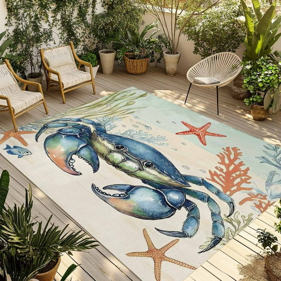 Fsddascl Blue Coastal Crab Outdoor Rug for Patio/Deck/Porch, Non-Slip Large Area Rug 5 x 8 Ft, Nautical Beach Coral Starfish Indoor Outdoor Rugs Washable Area Rugs, Reversible Camping Rug Carpet