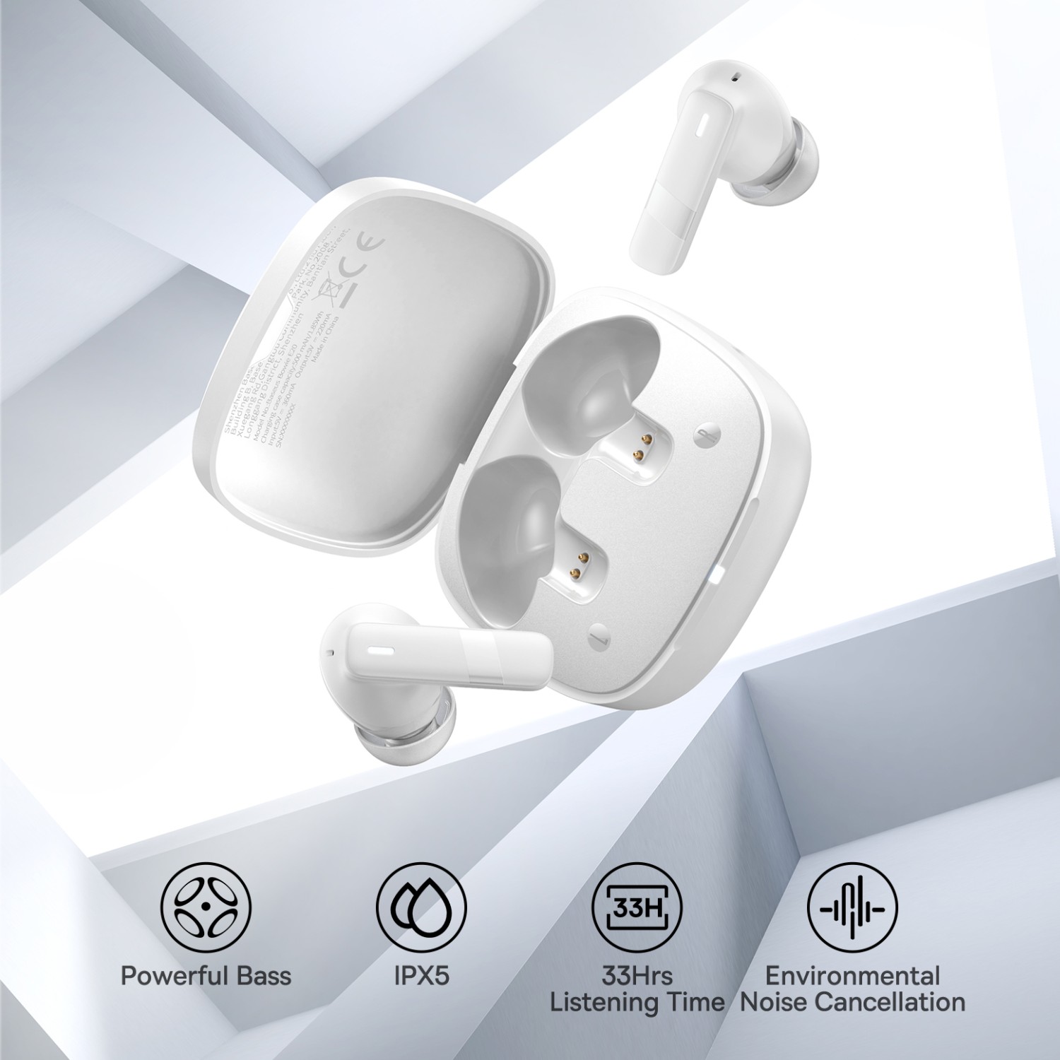 Baseus True Wireless Earbuds 33H Playtime Bluetooth Ear Buds IPX5 Waterproof In-Ear Earphones with Mic, E20 White
