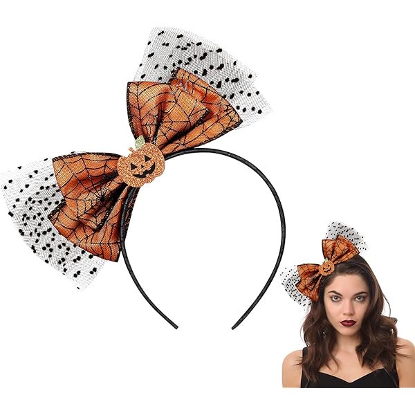 wonima44 Pumpkin Headbands for Women, Cute Halloween Hair Band, Lace Bow Fall Headband, Halloween Hair Accessories for Girls Pumpkin Bow Mesh Hair Hoop Thanksgiving Christmas Party Cosplay Photo Props
