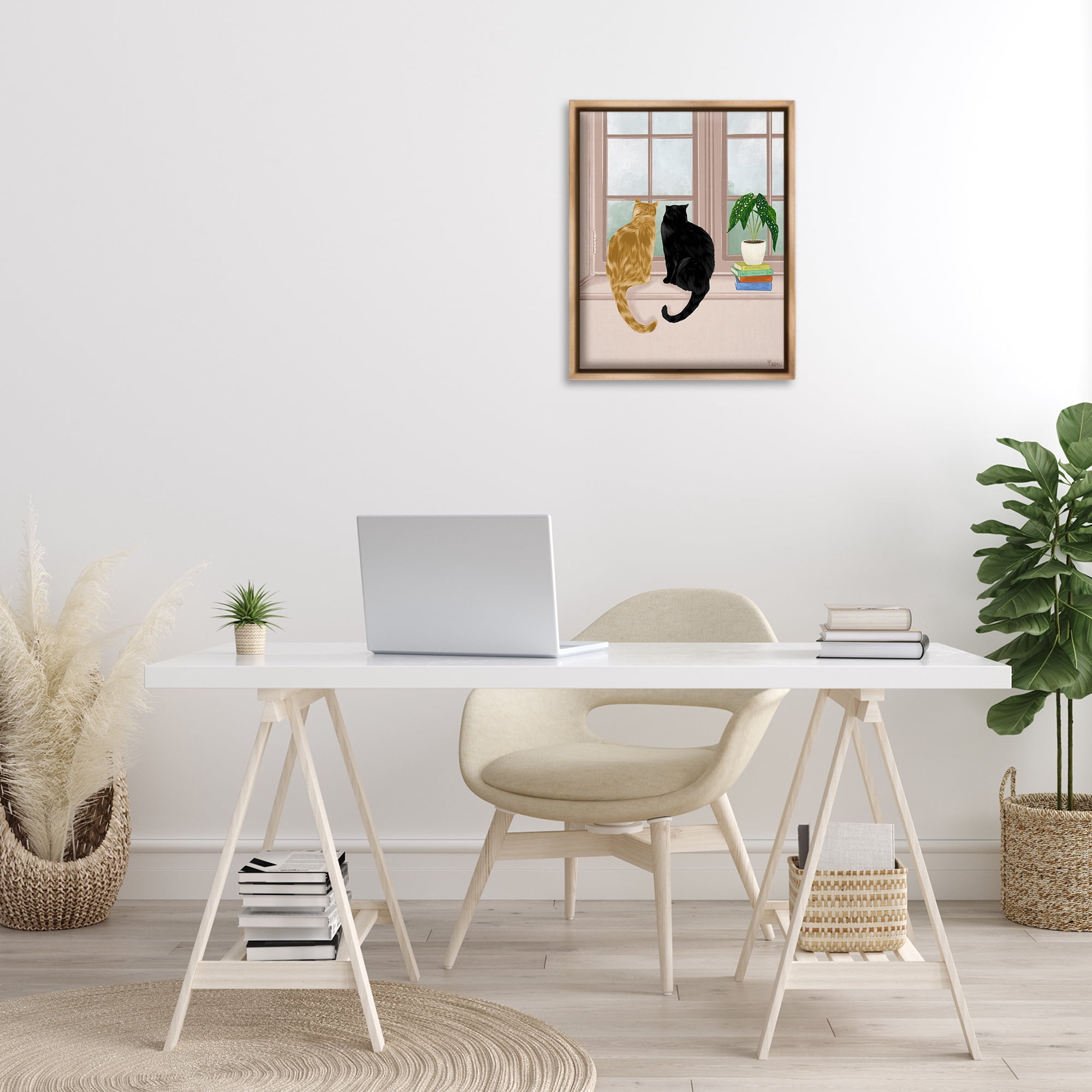 Stupell Industries Cat Pair in Windowsill Animals & Insects Painting Brown Floater Framed Canvas Art Print Wall Art, 17 x 21