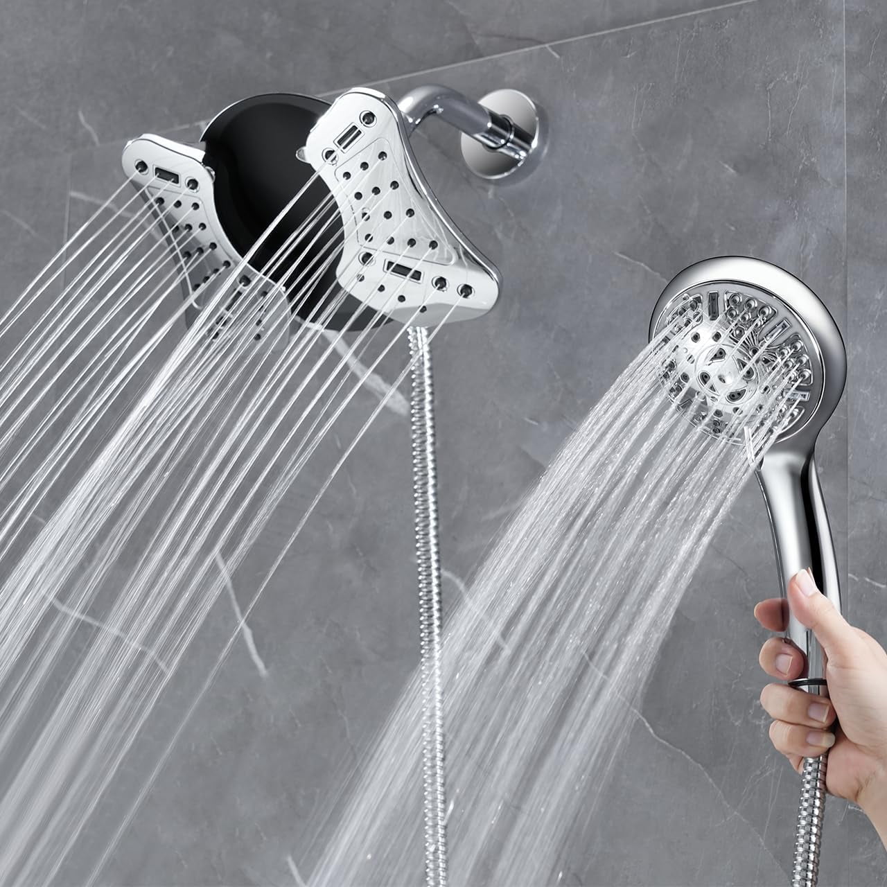 KESTE High Pressure Shower Head, 2 in 1 Rainfall Shower Heads with 9 Mode Adjustable Handheld Showerhead, Dual Showerhead with Anti-Clog Nozzles and 60” Hose, Silver