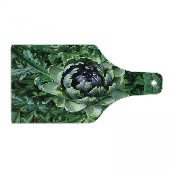 Artichoke Cutting Board, Photograph of Blooming Vegetable Agriculture Nature Art Print, Decorative Tempered Glass Cutting and Serving Board, Wine Bottle Shape, Fern Green and Purple, by Ambesonne