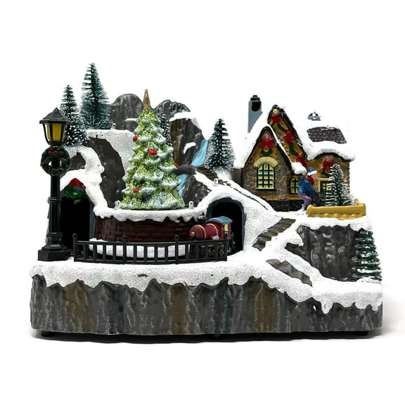 Allgala Crafted Polyresin Christmas House Collectable Figurine with USB and Battery Dual Power Source-Moving Train and Tree-XH93446
