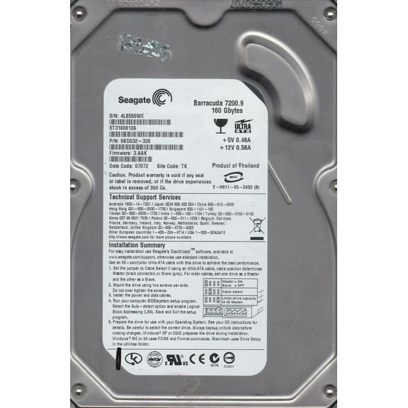 ST3160812A, 4LS, TK, PN 9BD032-326, FW 3.AAK, Seagate 160GB IDE 3.5 Hard Drive