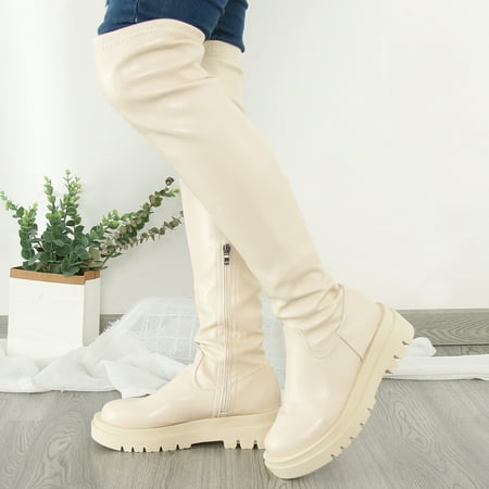 

LYCAQL Womens Shoes Ladies Fashion Solid Color Leather Side Zip Thick Bottom Stretch Over over The Knee Boots for Women Wide Calf Leather (Beige 6.5)