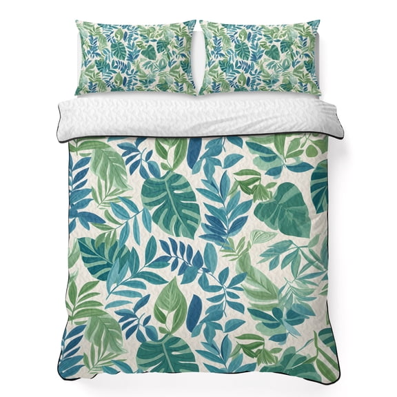 Queen Quilt Set 90''x96'', Palm Leaves Lightweight Bedspread Coverlet Set with 2 Pillow Shams, Green Blue Tropical Plants Summer Country Breathable All Season Quilt Bedding for Bedroom/Guest Room