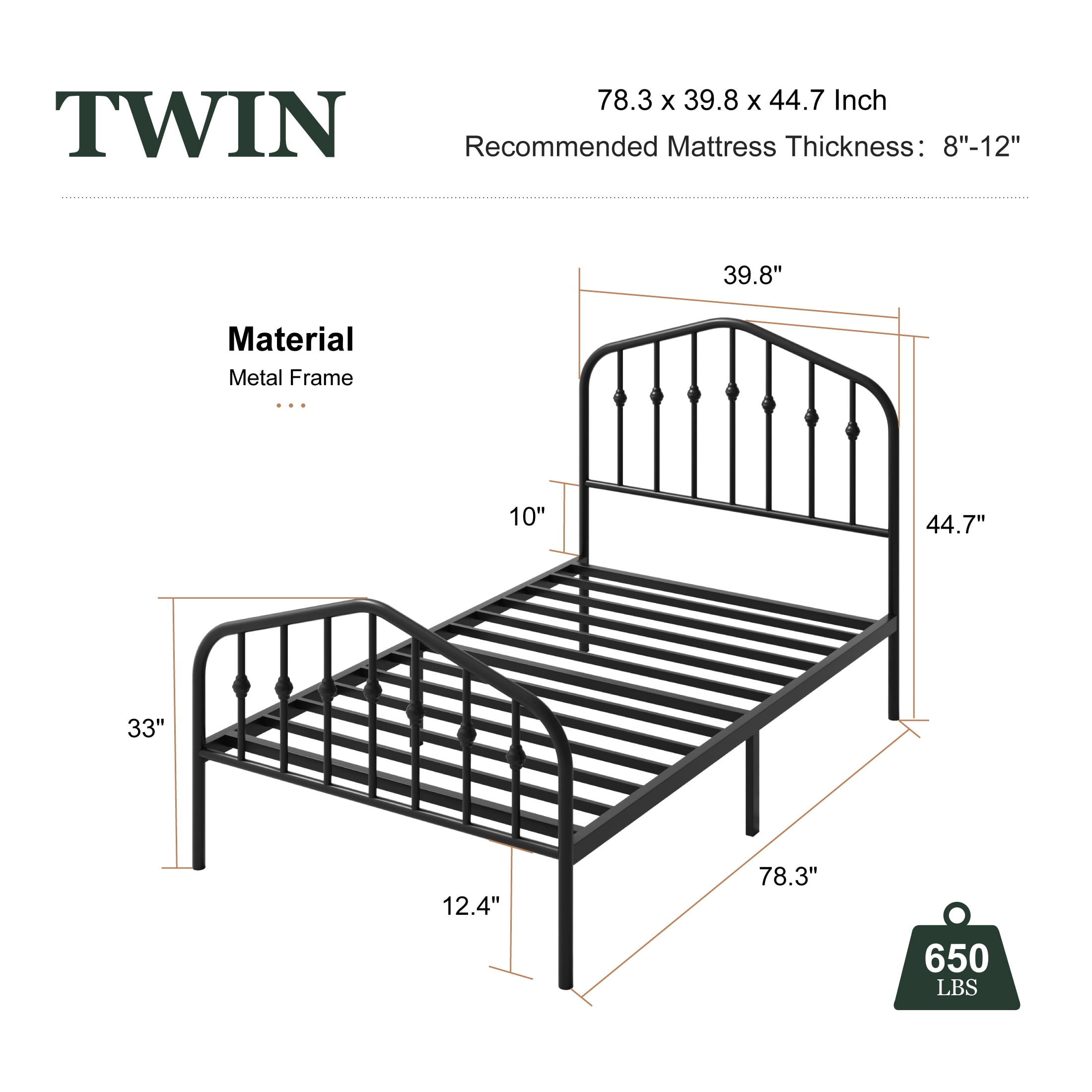 Amolife Twin Size Bed Frame, Heavy Duty Metal Platform Bed with Victorian Vintage Headboard & Footboard, Black