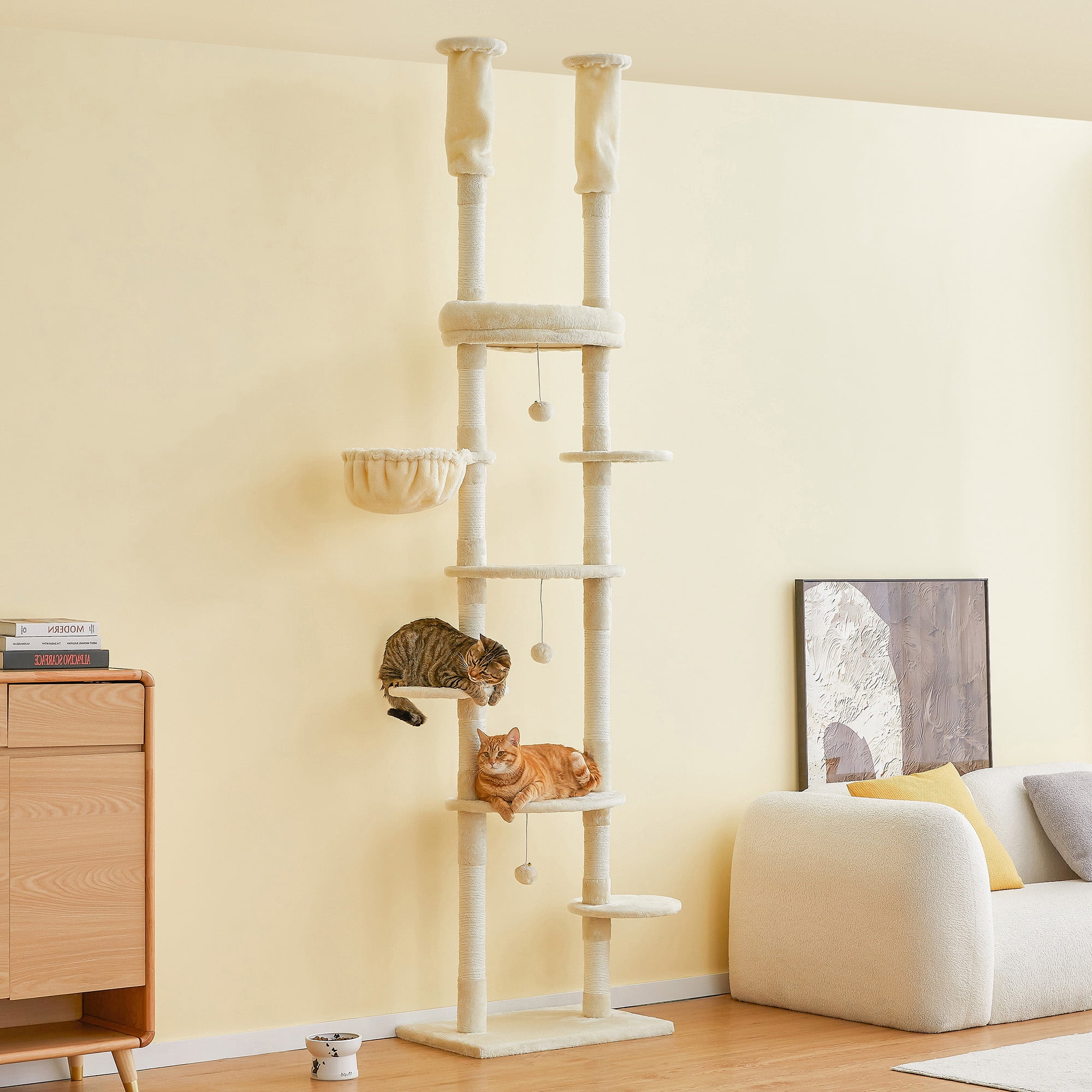 Furcato 92.1"-101.6" Adjustable Height Cat Tree, Floor to Ceiling Cat Tower, 7 Tiers Cat Climbing Tree with Hammock, Beige