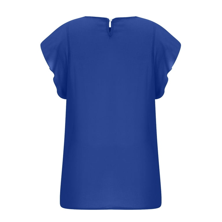 Cathalem Womens Short Sleeve Textured Tops Summer Ruffle Plain Round Neck  Loose Fit Tee Blouse Top,Blue S 