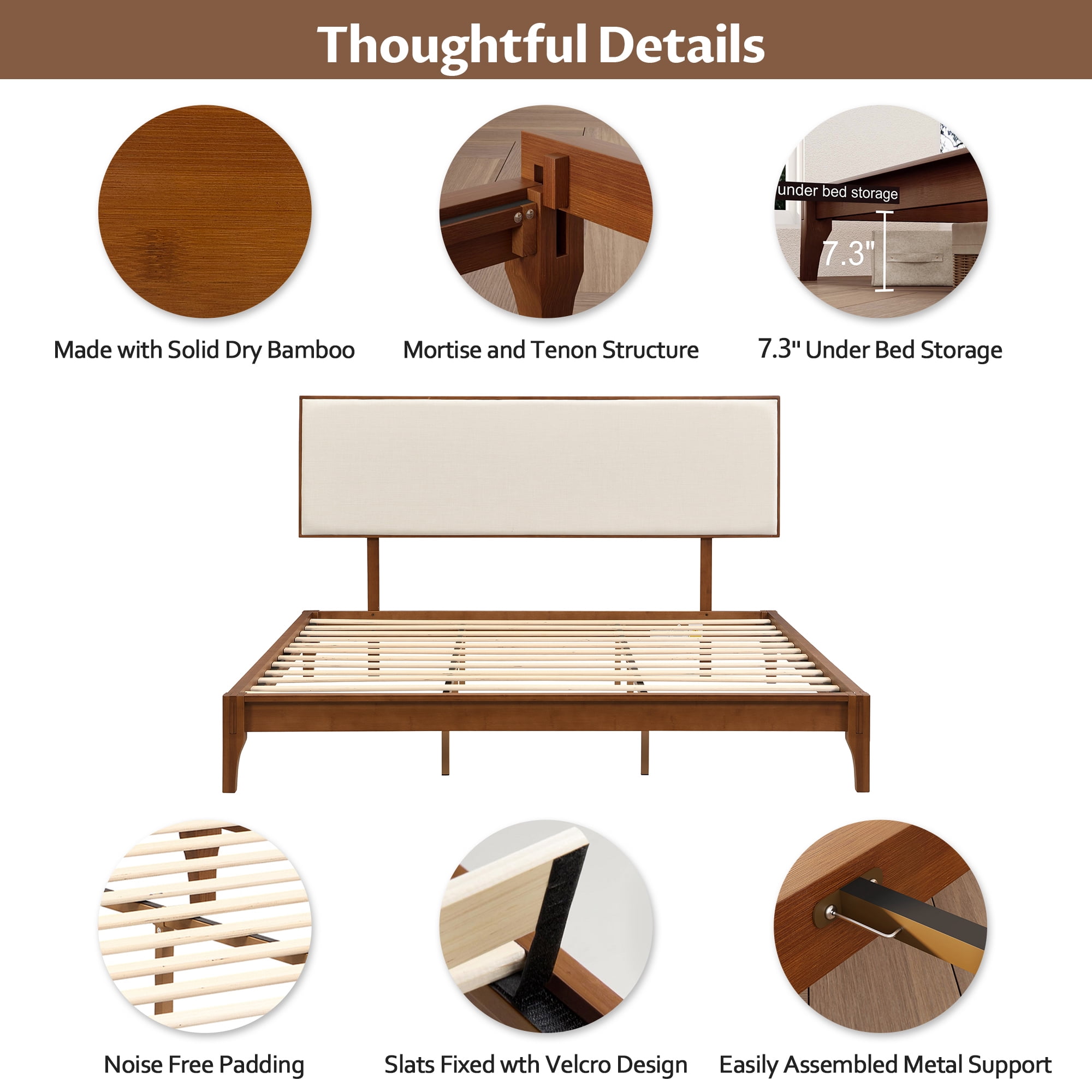 MODERNLUXE King Size Dry Bamboo Platform Bed, 12" H Bed Frame with Upholstered Adjustable Headboard and Wood Slat Support,Easy Assembly, Brown