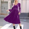 thumbnail image 3 of Efsteb 2025 Dresses for Women Trendy Hight Waist Pleated Velvet Dress Long Sleeve V Neck Cocktail Dress Mini Prom Dress For Wedding Guest (Purple,S), 3 of 7