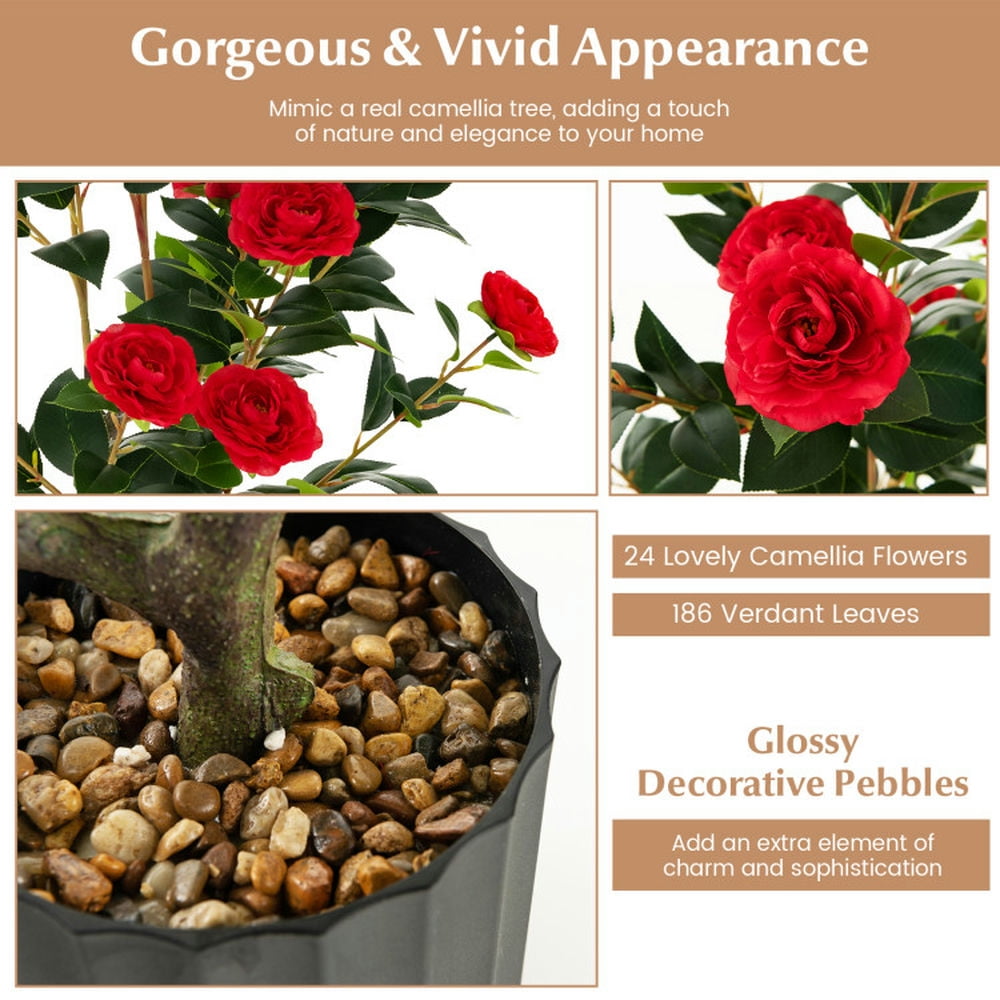 Spaco 38 inch Artificial Camellia Tree, Faux Flower Plant in Cement Pot 2 Pack, Artificial Plant Faux Flower Plant for Indoor and Outdoor, Red