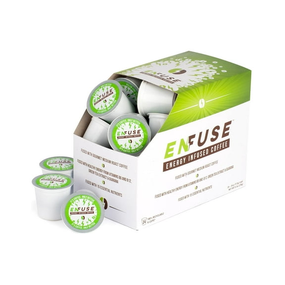 EnFuse, Energy Infused Coffee with Healthy Energy & 15 Essential Nutrients, Gourmet Medium Roast Coffee Boosted with B6, B12, Green Tea Extract & Guarana for Extra Energy, Pack of 24 K Cup Pods