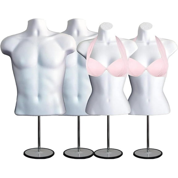 DisplayTown 2 Sets White Male and Female Hollow Back Body Mannequin Torso w/ Metal Stands and Metal Pole and Hanging Hook, S-M Sizes