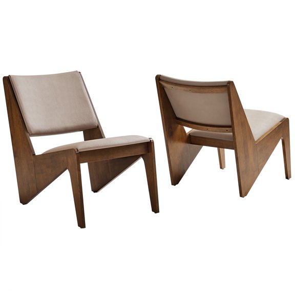 Accent Chair, Set of 2, Walnut Brown, Faux Leather, Wood, Living Room Lounge Cafe Lobby Hospitality Restaurant, Modern Contemporary, HB37230