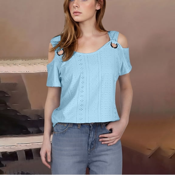 Yourumao Cold Shoulder Tops for Women Eyelet Short Sleeve Shirts Loose Fit V Neck Blouses Comfy Solid Color Tees Summer Trendy Tshirts