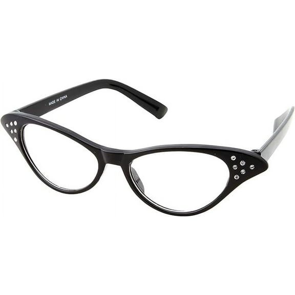 grinderPUNCH 50s Womens Costume Cat Eye Glasses Adult Size with Rhinestone (Black)