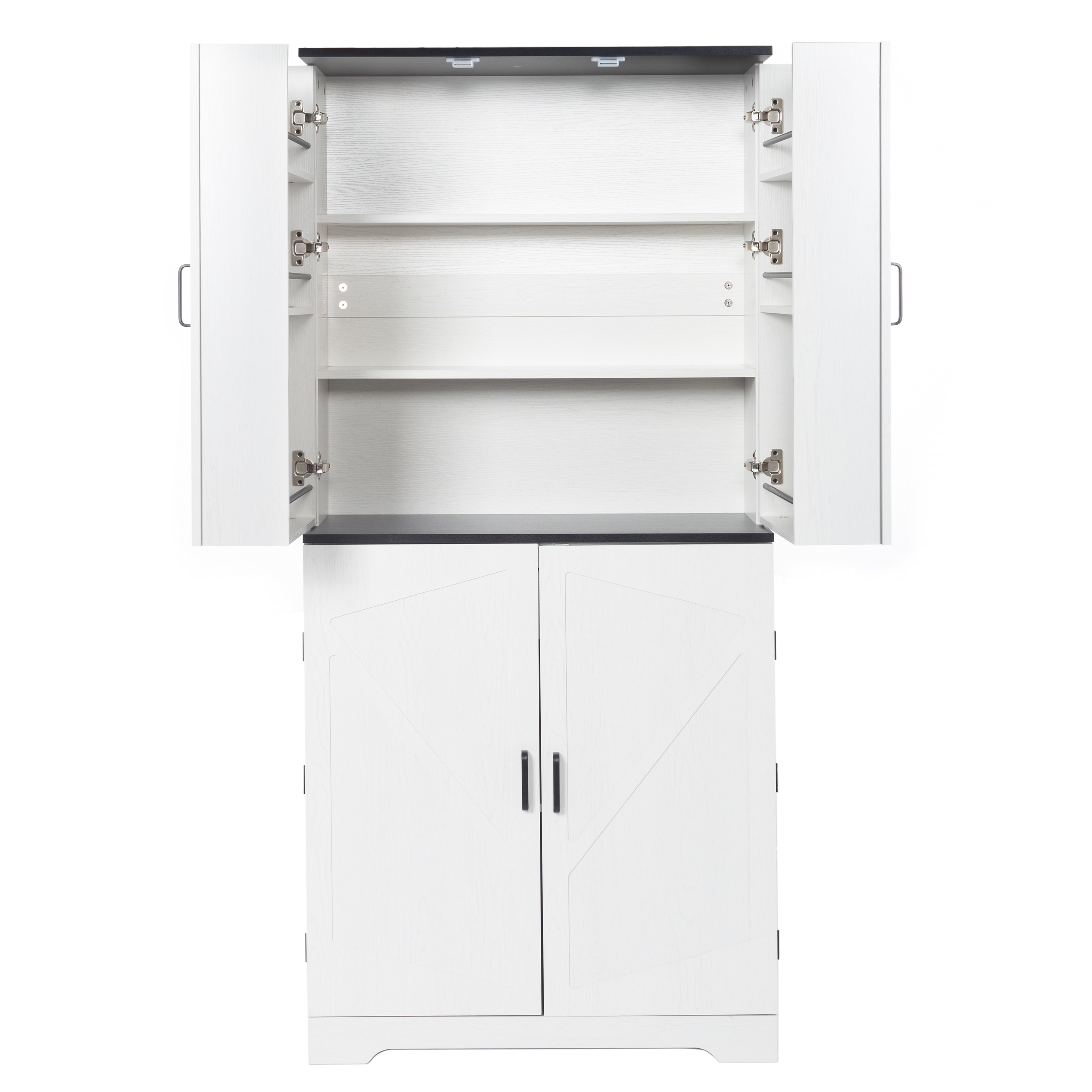 Gewnee 67.7” Kitchen Pantry, with 2 Door Panels Each Having 3 Layers, and All 4 Doors Can Be Magnetically Closed. Matte Metal Handles .