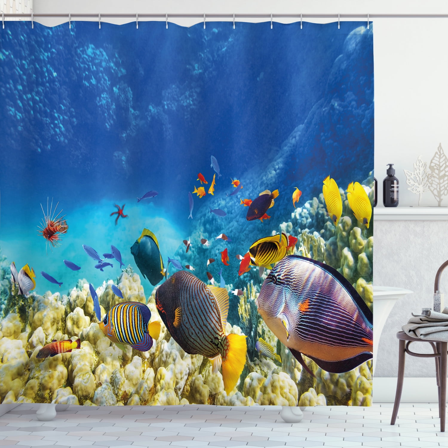 The Underwater World Fabric Shower Curtain Liner Bathroom Set Ocean Fish Seaweed 