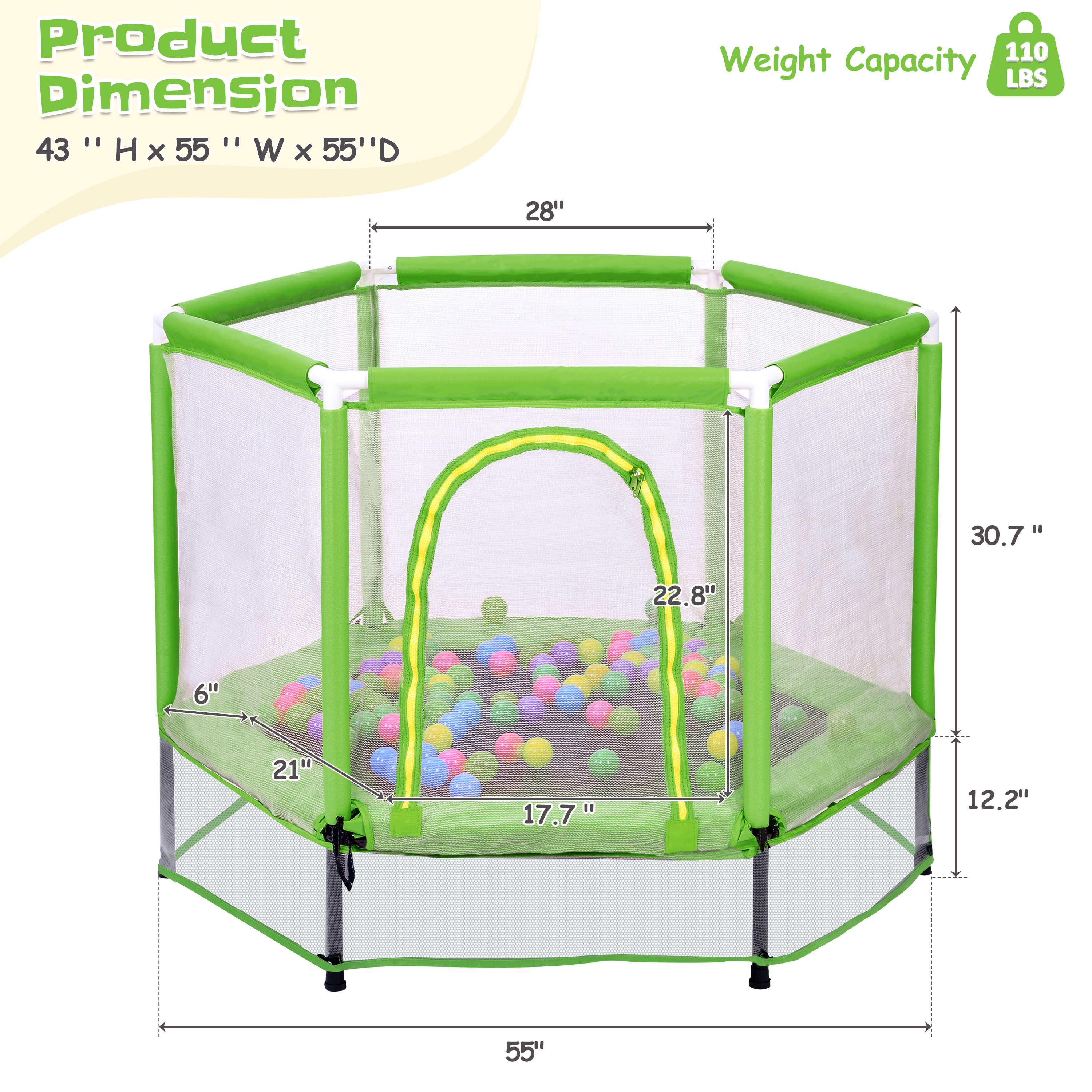 EUROCO 55" Mini Toddler Trampoline with Ocean Balls, No-Gap Design, Small Round Trampoline for Kids with Upper&Lower Safety Net