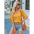 thumbnail image 3 of Womens Blouses Chiffon Hollow Out Short Sleeve V Neck Business Casual Tops Summer Cute Shirt Yellow S, 3 of 8