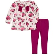 Kids Headquarters Girls Quilted Floral Bow Tunic Legging Set Pink / Purple 4T