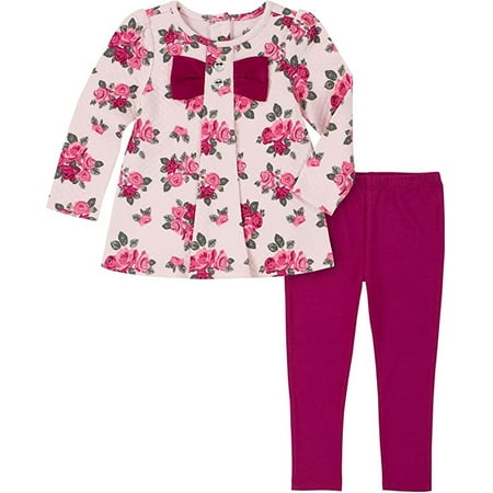 Kids Headquarters Girls Quilted Floral Bow Tunic Legging Set Pink / Purple 4T