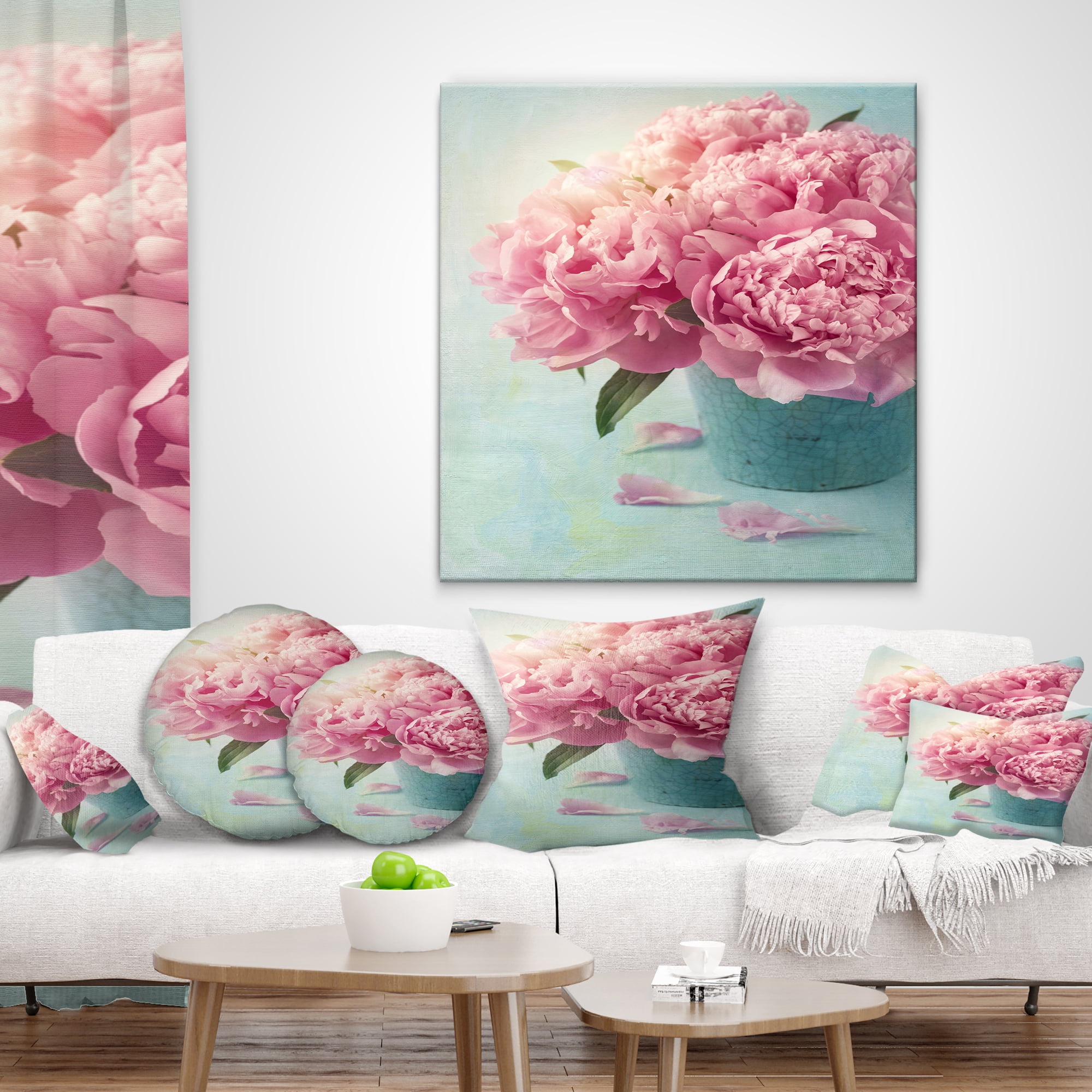 Designart Pink Peony Flowers in Vase - Floral Throw Pillow - 16x16