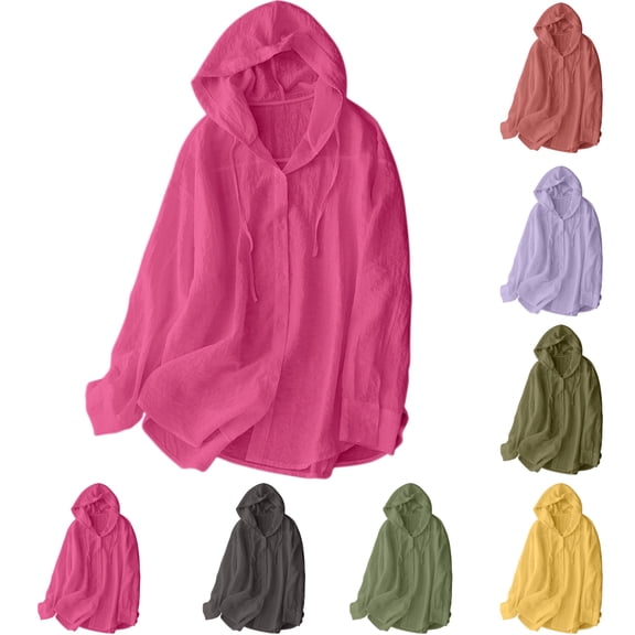 Women's Linen Hoodies Summer Sun Protection Button Long Sleeve Comfotable Soft Long Sleeve Plain Sunscreen Loose Casual Jackets S-2XL