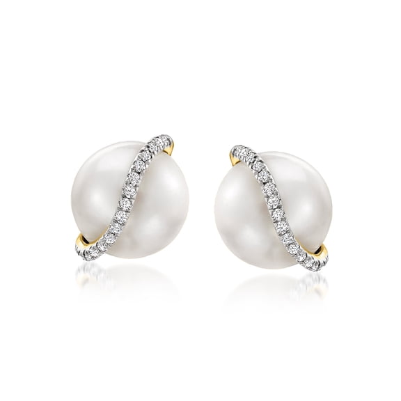 Ross-Simons 8-8.5mm Cultured Pearl Stud Earrings With Diamond Accents in 14kt Yellow Gold, Women's, Adult