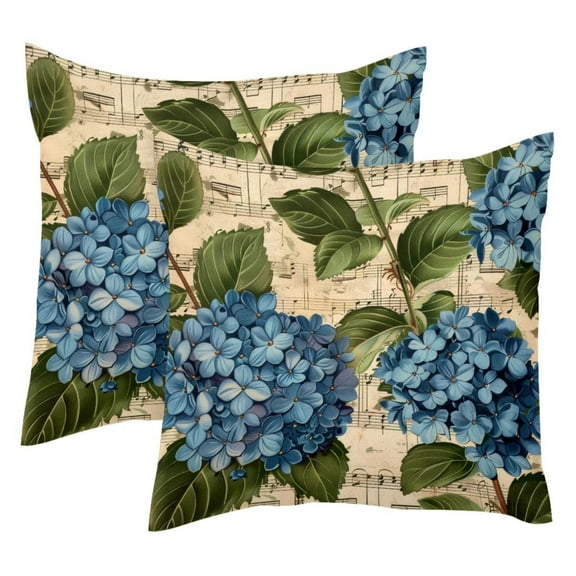 2 Pack Throw Pillow Covers Vintage Music Notes Hydrangeas Flowers Decorative Pillow Cases Home Decor Square 18x18 Inches Pillowcases