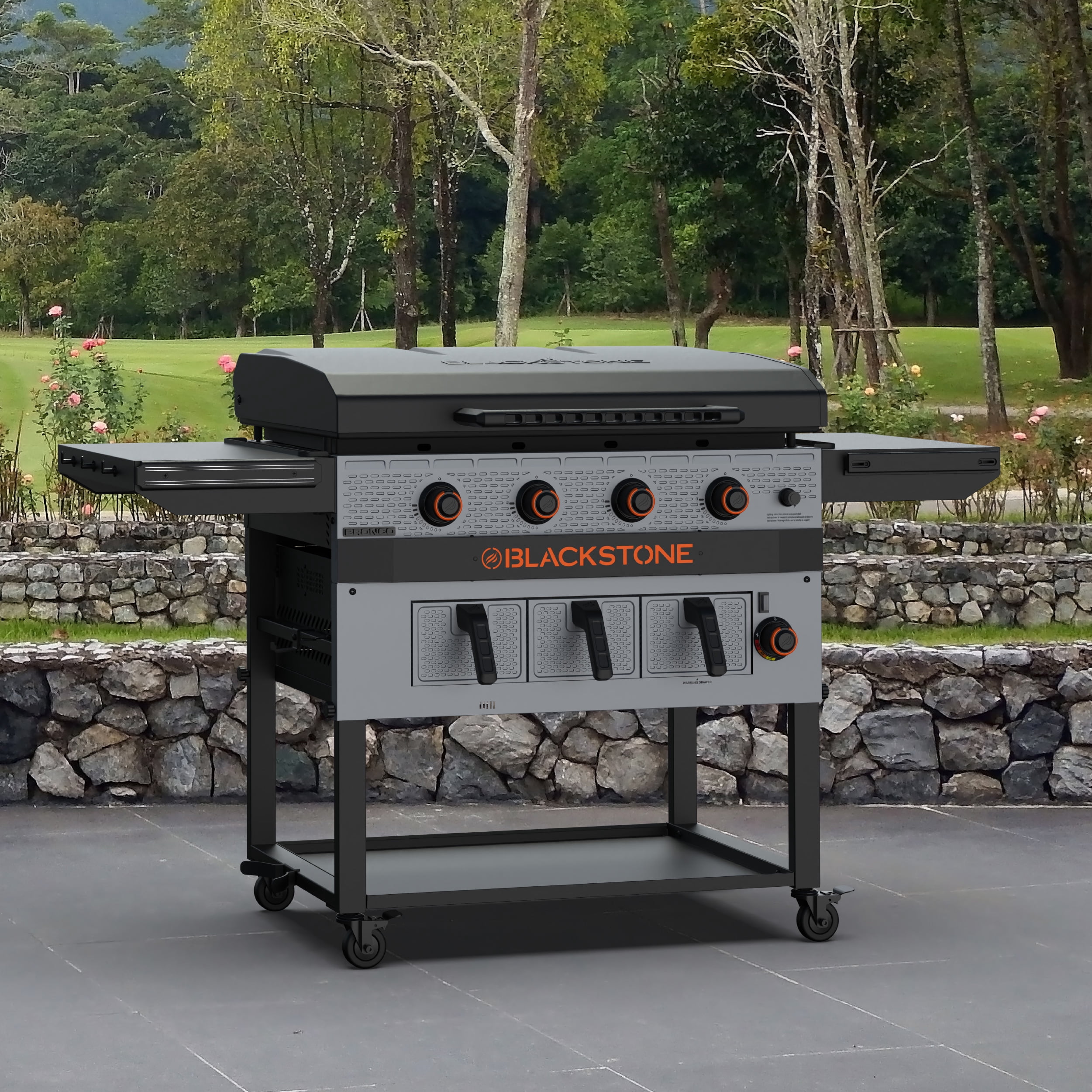 Blackstone Bronco Outdoor Combo Griddle, 36 Inch 4-Burner Flat Top Grill with Air Fryer, Gray