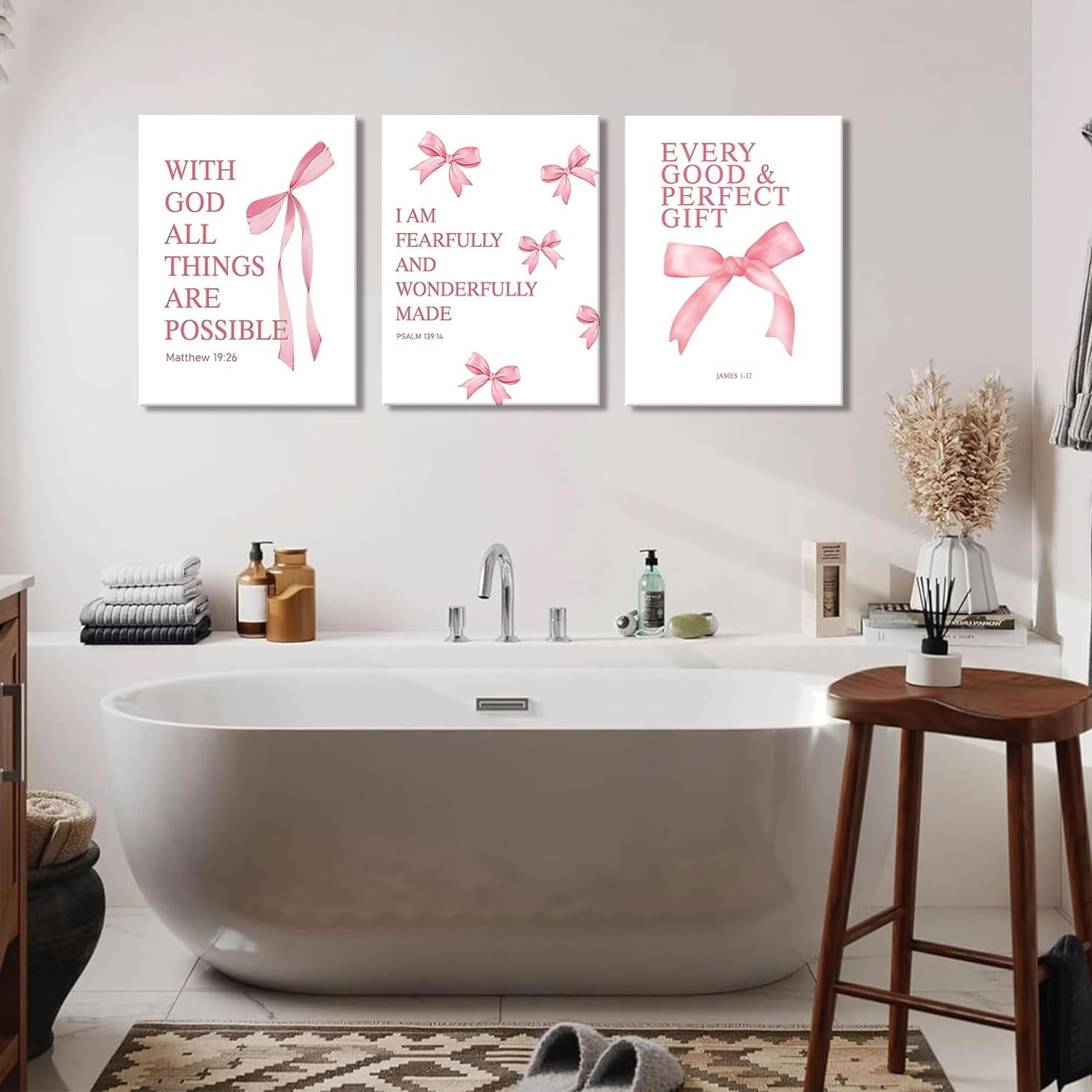 Coquette Pink Bow Canvas Wall Art Set of 3, Inspirational Bible Verses Decor Posters Pictures Prints Aesthetic for Girls Room College Apartment Living Room Bedroom Framed 12x16 Inch