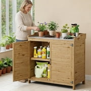 Lofka Outdoor Wooden Storage Cabinet with Potting Bench, Natural Wood Color, Weatherproof Garden Work Station, Patio Tool Shed for Backyard