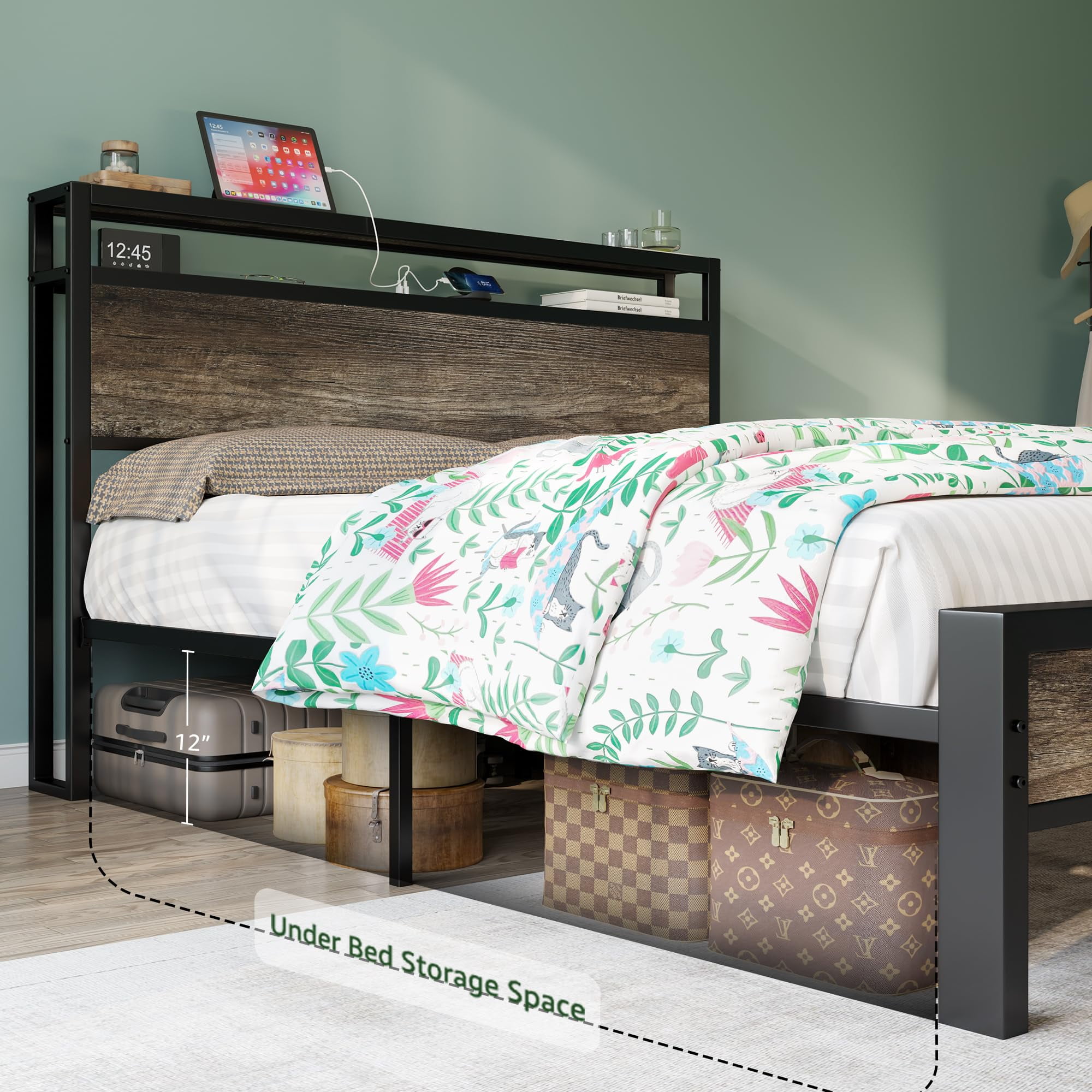 VanAcc Queen Size Bed Frame with 2-Tier Metal Storage Headboard and Charging Station, Rustic Grey