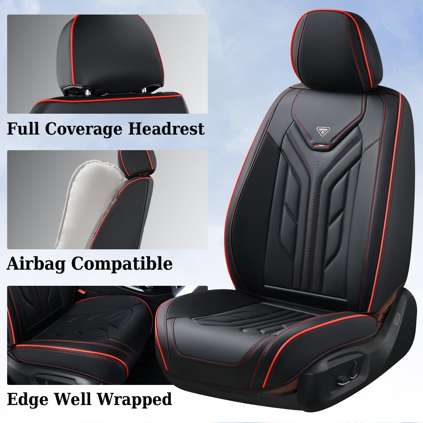 Coverado Front Car Seat Covers, Airbag Compatible Faux Leather Seat Protectors, Waterproof Cushions Universal Fit for Most Sedans SUV Pick-up, Black&Red