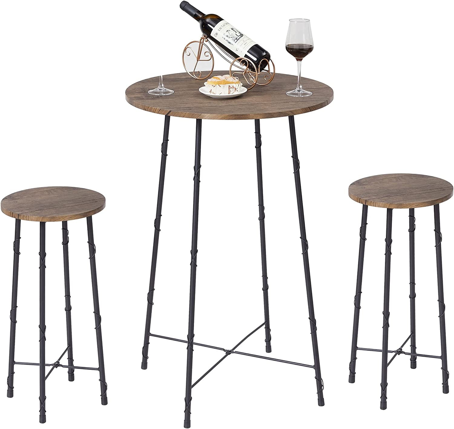 YELROL 3 Piece Round Pub Dining Set High Top Bar Table and Stools for 2