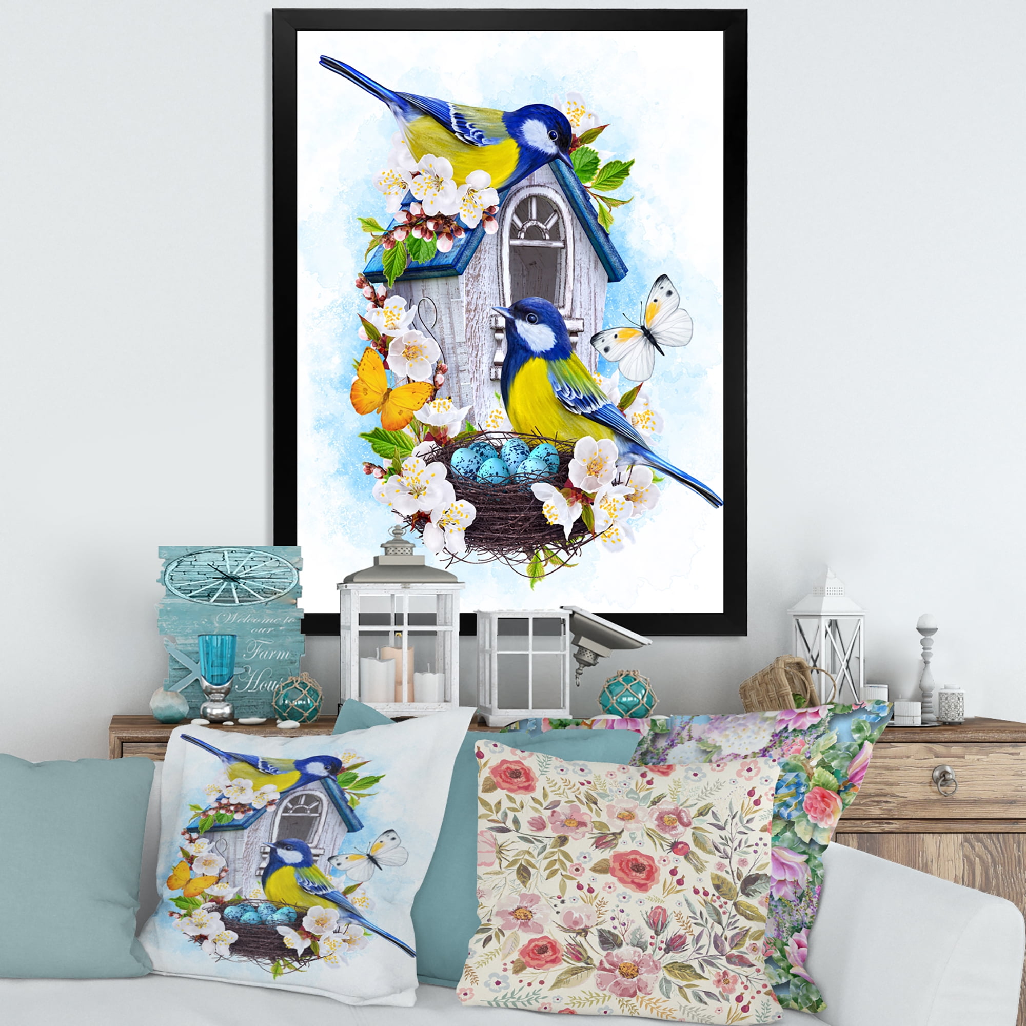 Designart 'Two Tit Birds Sitting Near The Nest With Eggs and White Flowers I' Traditional Framed Art Print
