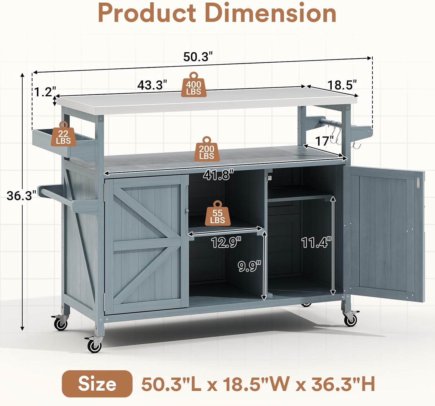 ZIVACATE Outdoor Grill Cart Solid Wood Kitchen Island Stainless Steel Tabletop with Wheels