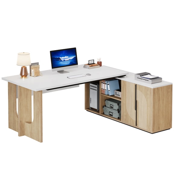 Fnova 74" Large L-Shaped Executive Desk with Storage Cabinet Shelves, Modern Office Desk Writing Desk with Privacy Baffle, Workstation for Home and Office