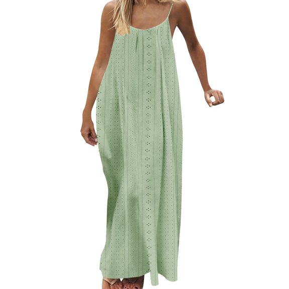 Fmbrln Dresses for Women Summer Sleeveless Crew Neck Spaghetti Strap Hollow Out Backless Long Maxi Dress Casual Loose Beach Vacation Sundress