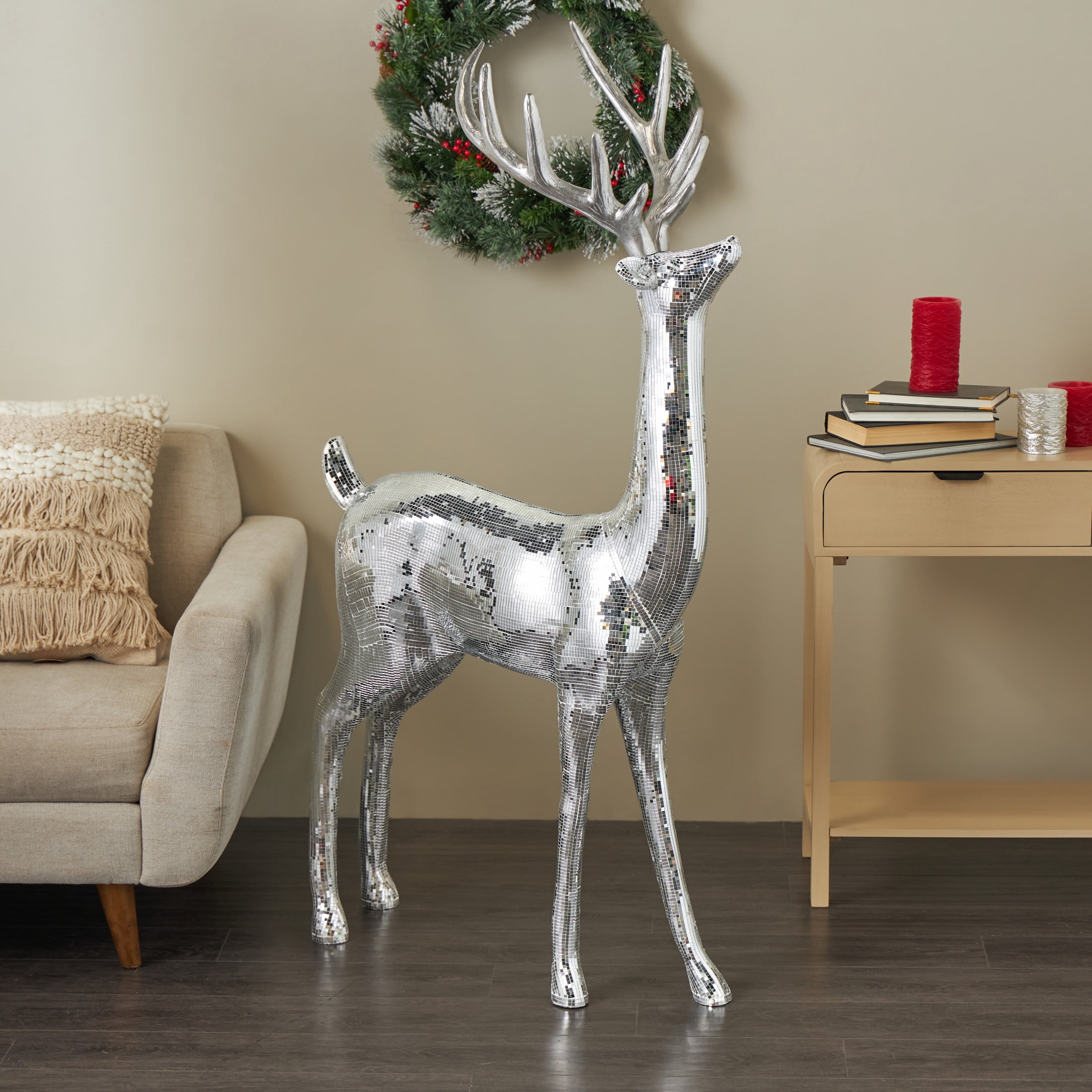 31" x 56" Silver Fiberglass Floor Reindeer Christmas Sculpture with Mosaic Pattern, by DecMode