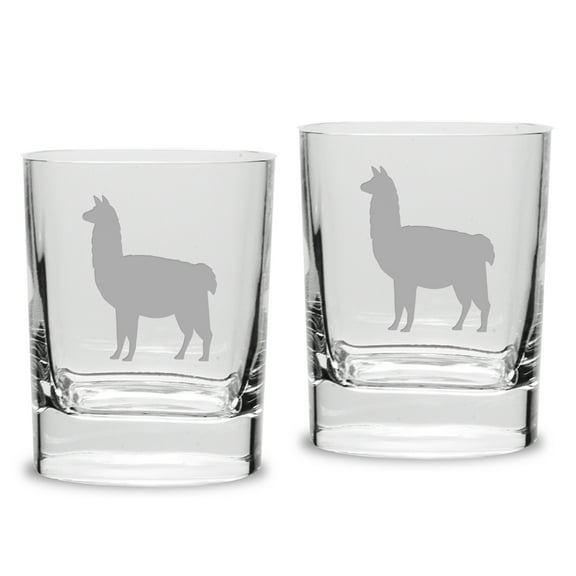 Llama Deep Etched Luigi Bormioli 11.75 oz Square Round Double Old Fashion Glass Set of 2