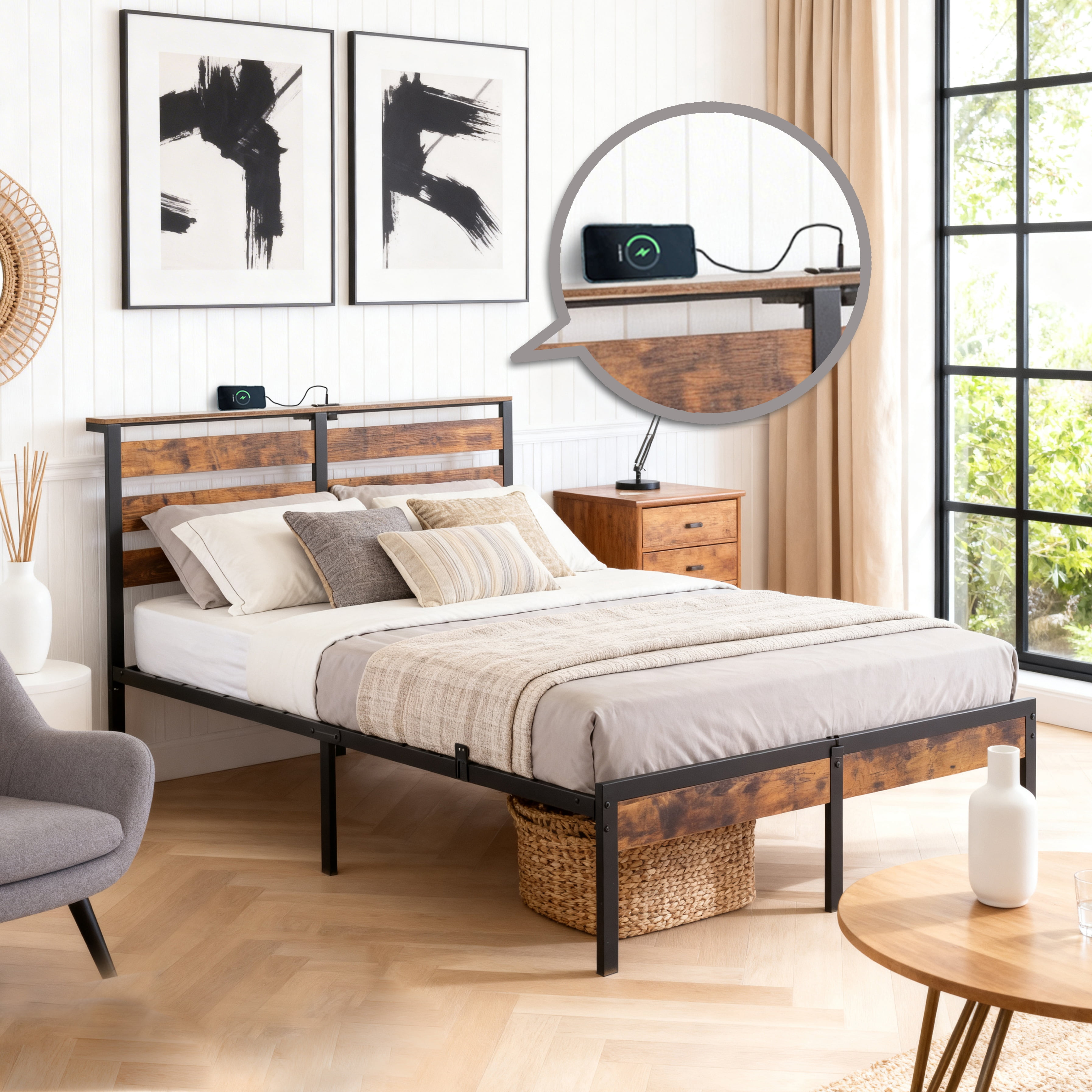 Gewnee FULL Size Metal Bed Frame with RGB Lights and Charging Station, No Box Spring Needed, Spacious Under-Bed Storage, Ideal for Bedrooms, Dorms, and Guest Rooms，Rustic Brown