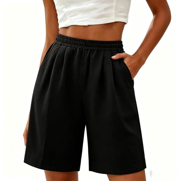 hlysgo Bermuda Shorts for Women Elastic Waist Lightweight Breathable Wide Leg Short Outdoor Summer Loungwear 3 Inch Inseam with Pockets Black,3xL