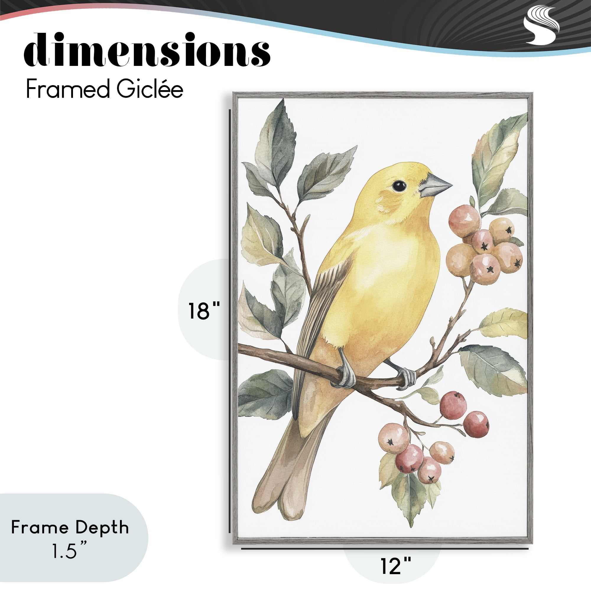 Stupell Industries Sun Lit Bird on Branch Gray Framed Giclee Art, design by Petal Prints Design