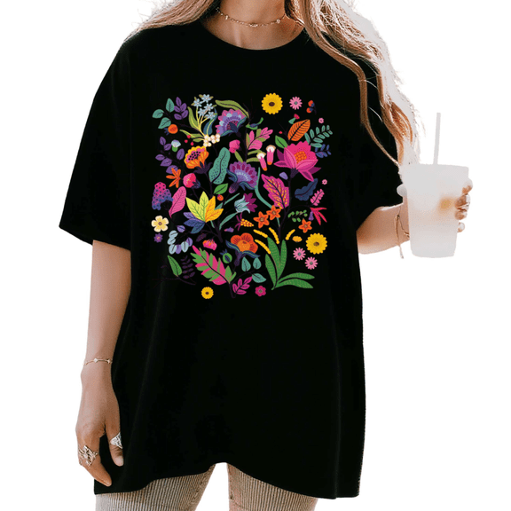 Women's funny Vibrant Multicolor Wildflower Bouquet Botanical Floral Art Graphic Cotton T Shirt Short Sleeve Round Neck Top Black S-5XL
